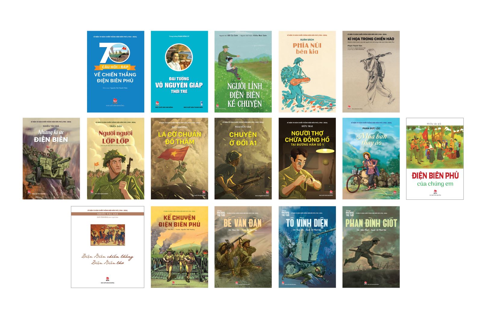 Nhân kỷ niệm 70 năm chiến thắng Điện Biên Phủ (7/5/1954 – 7/5/2024), Nxb Kim Đồng đã giới thiệu tới bạn đọc 17 tác phẩm đa dạng hình thức và thể loại: tiểu thuyết, truyện ngắn, thơ, ký, nhật ký, truyện tranh... Bộ ấn phẩm  đặc biệt này góp phần khơi dậy trong thế hệ trẻ niềm tự hào về khí phách Việt Nam, thêm biết ơn các thế hệ cha anh đi trước và trân trọng nền hòa bình mà chúng ta đang có.